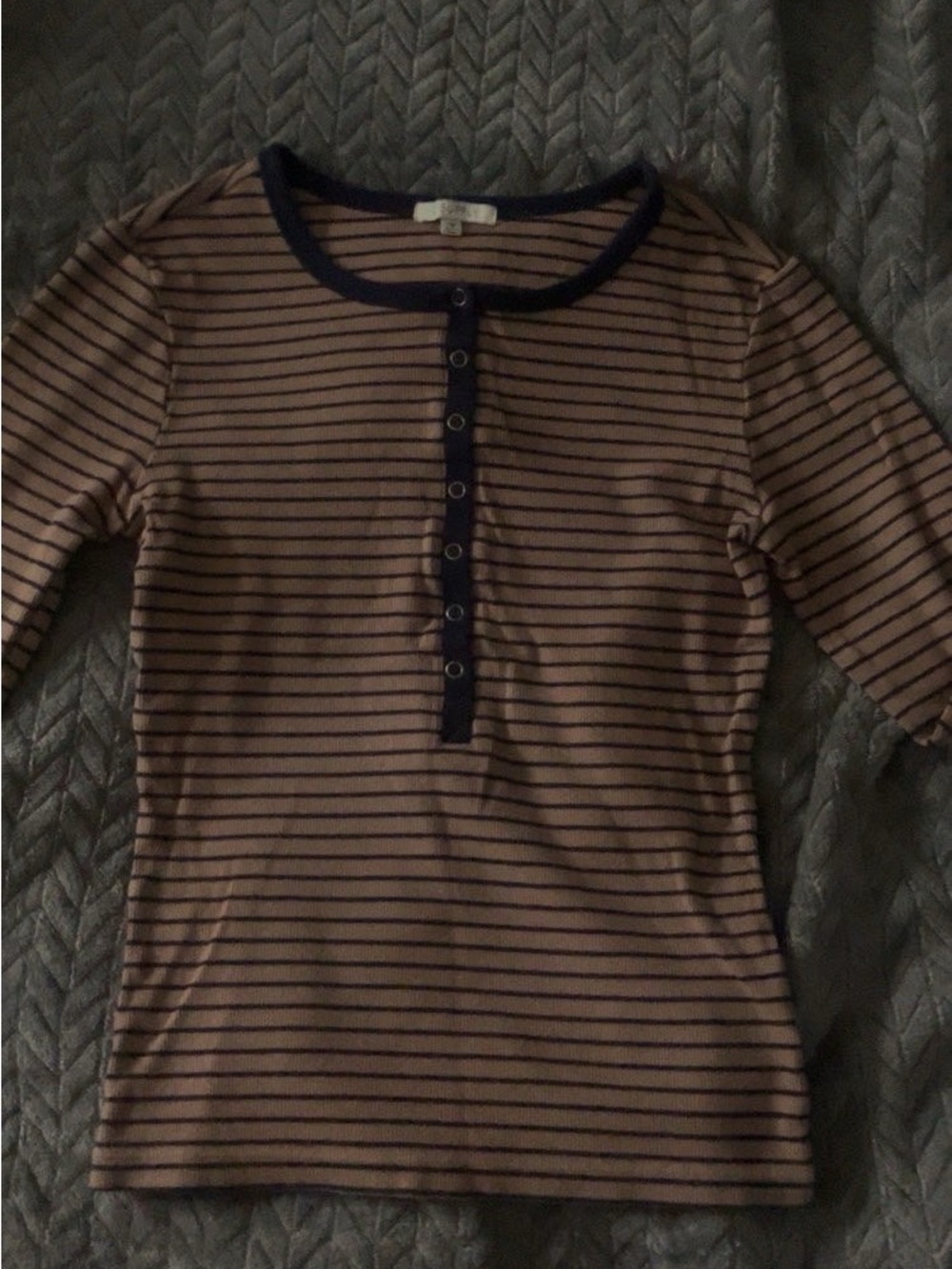 Striped Henley long sleeve Top - Navy Trim, Brown and Navy